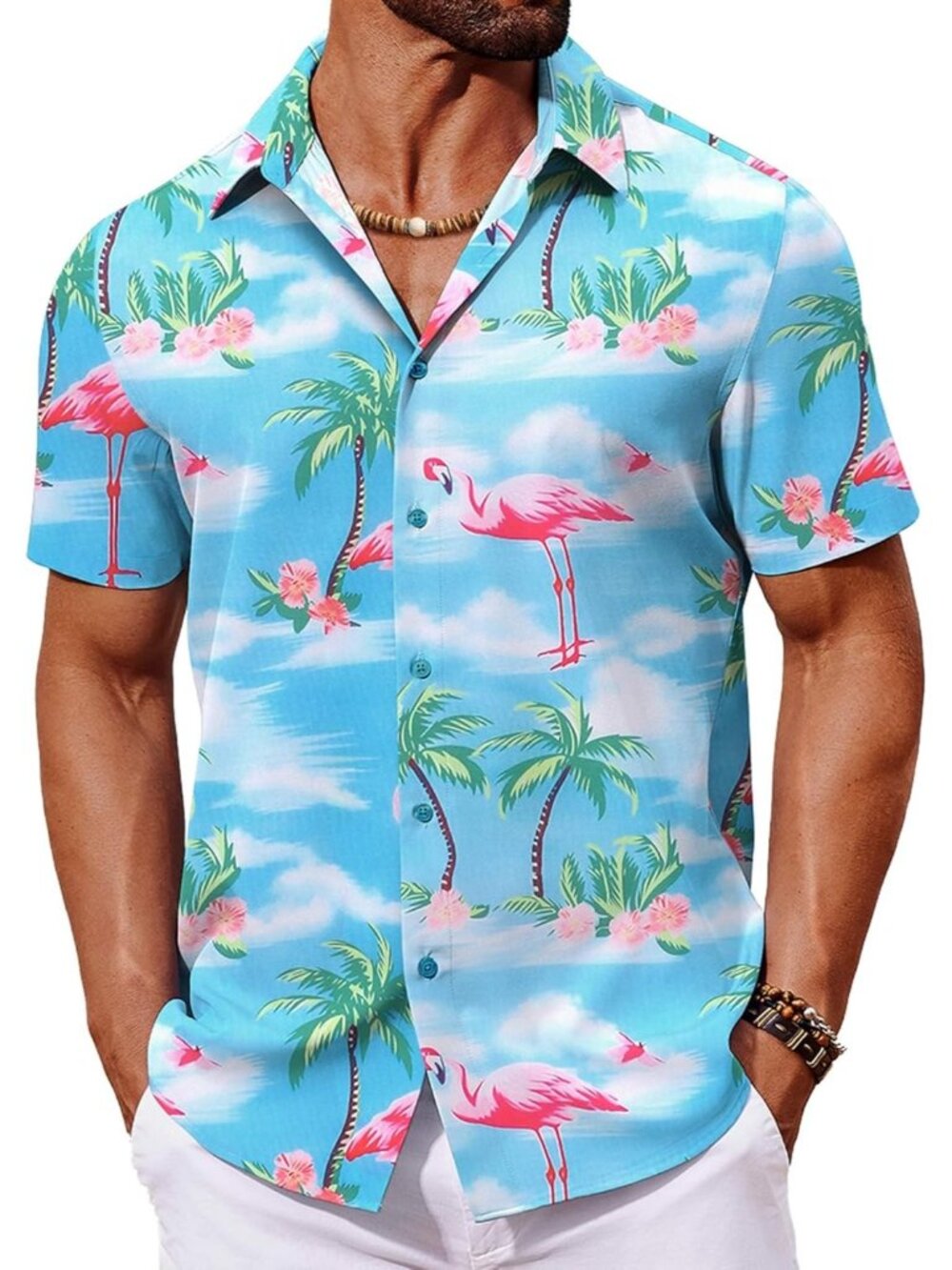 Men's Sky Blue Hawaiian Short Sleeve Tropical Floral Summer Button Down Shirts